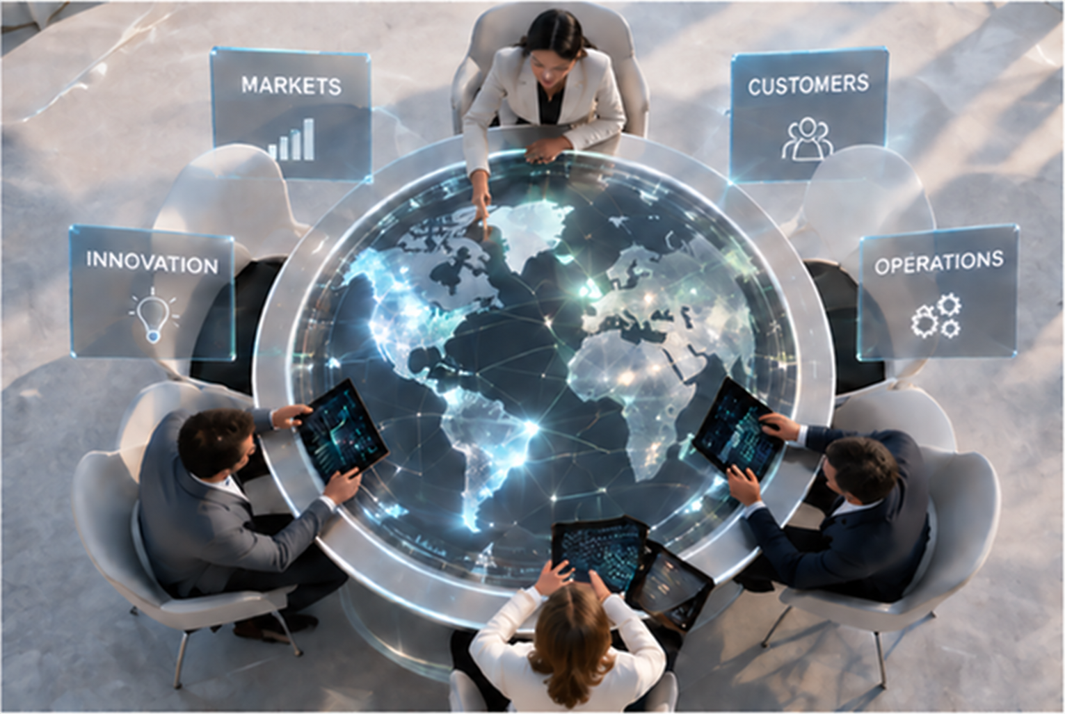 Professionals around a table representing a global network.