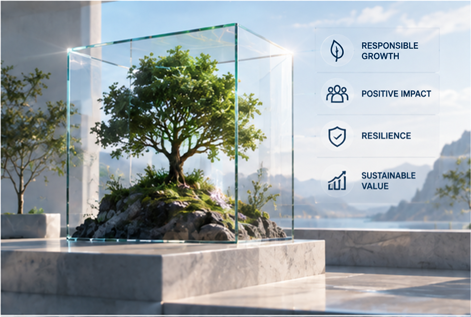 A tree in a glass structure, accompanied by sustainable growth indicators.