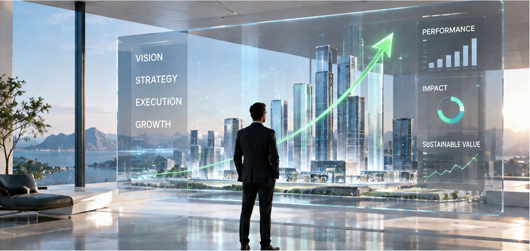 A person facing a growth dashboard in a glass-walled office.