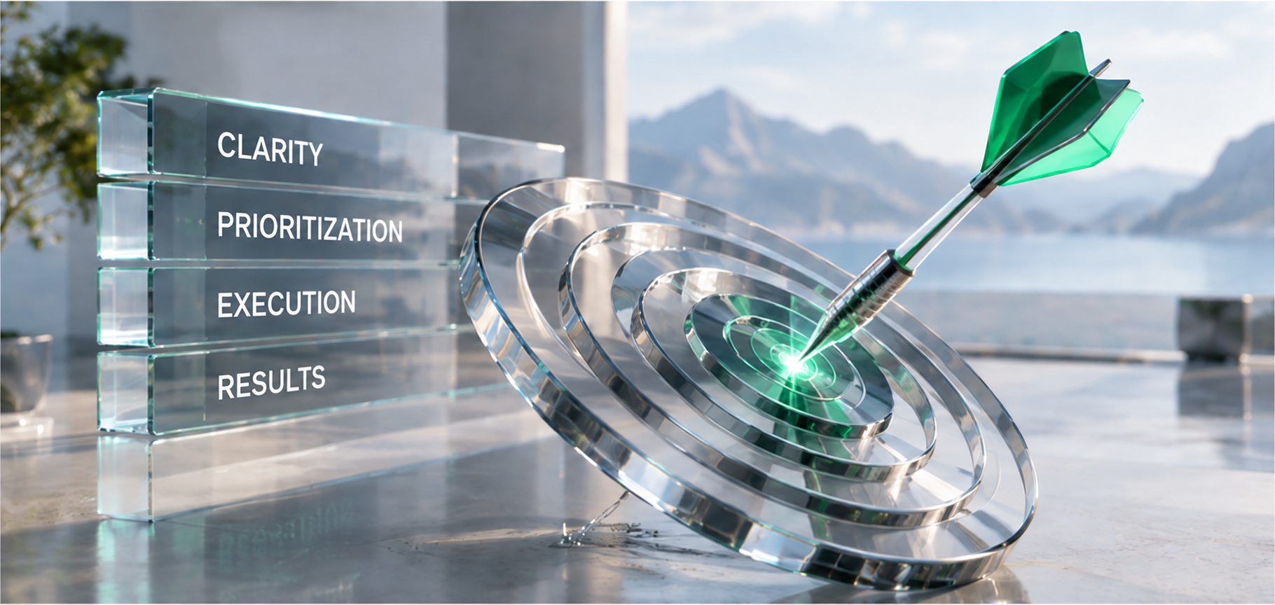 An arrow hits a glass target beside priority panels.