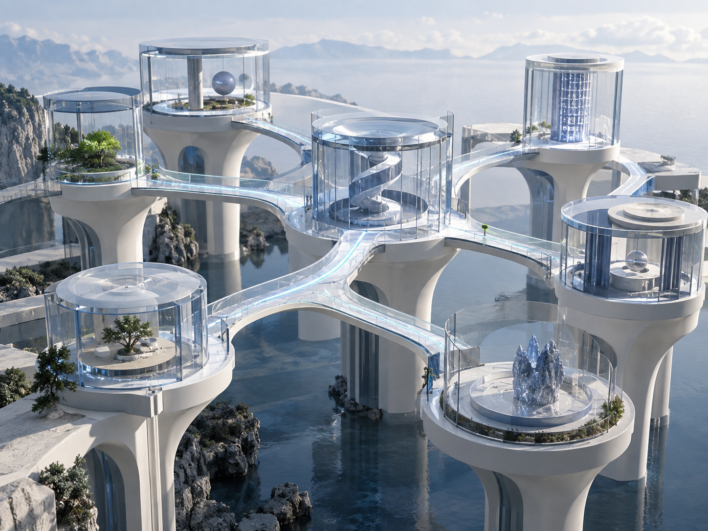 A network of pathways and translucent modules forms an orchestration chain.
