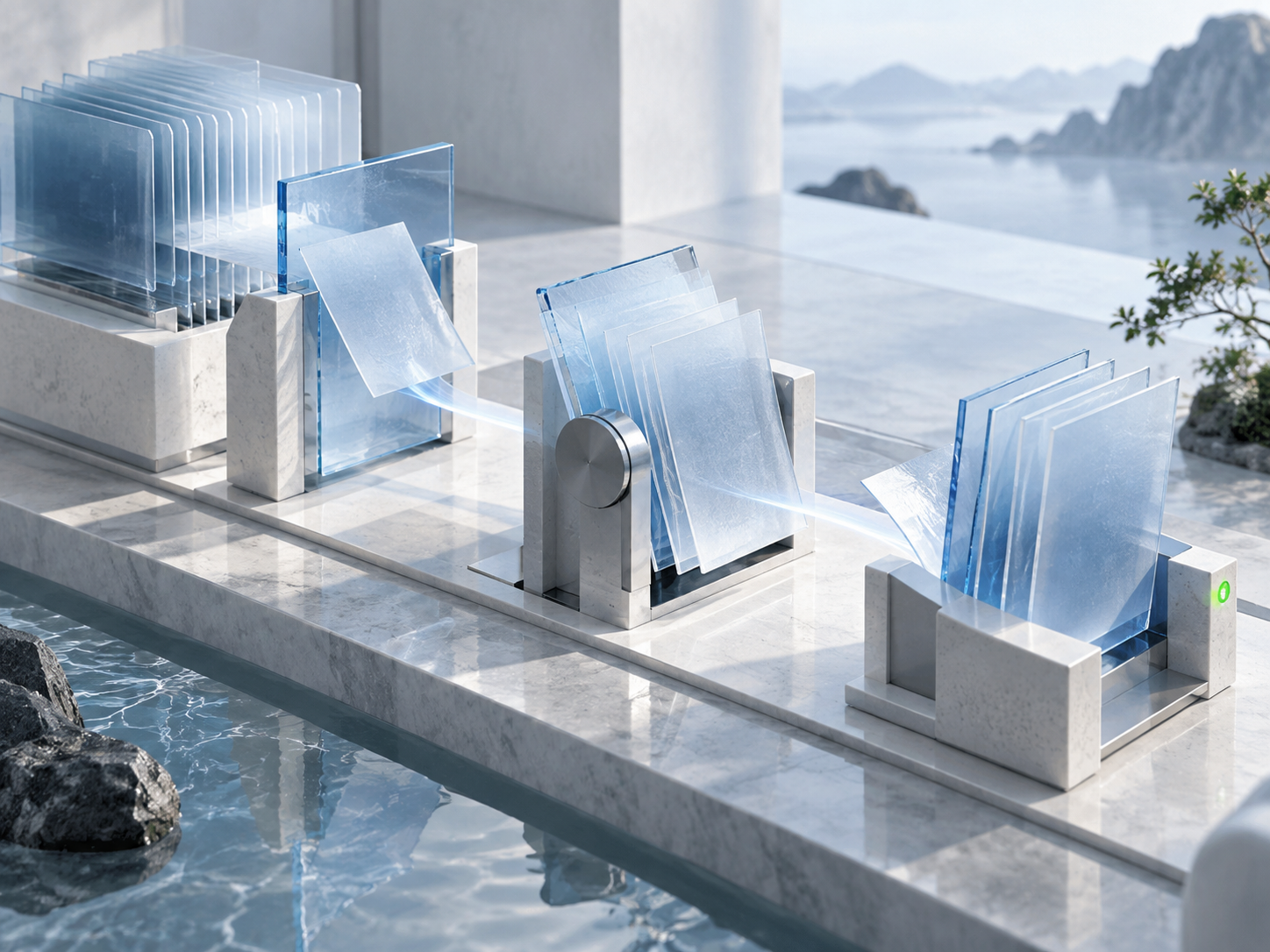 Document planes move between precise architectural stages.
