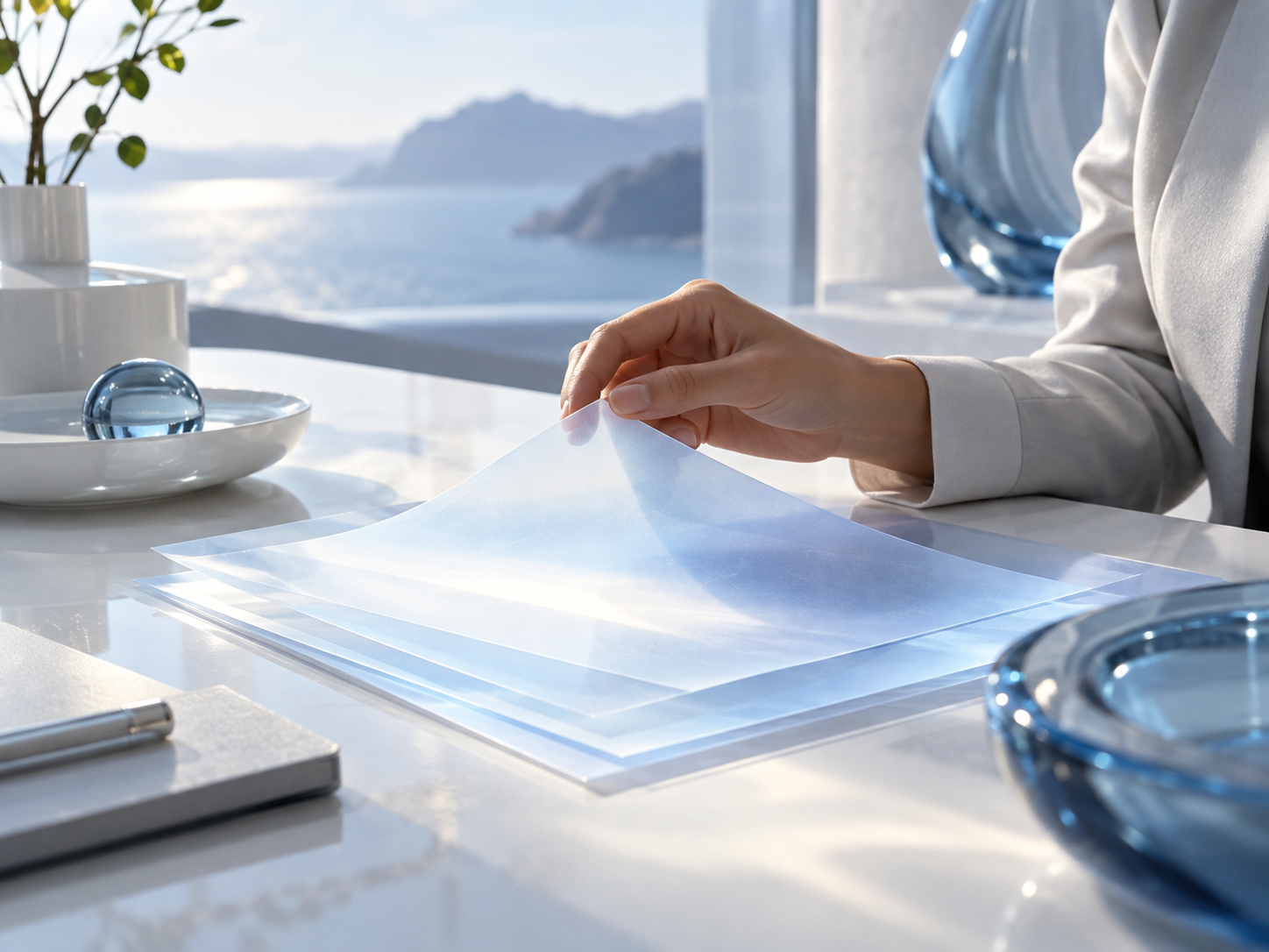 A hand reviews a luminous document in a refined workspace.