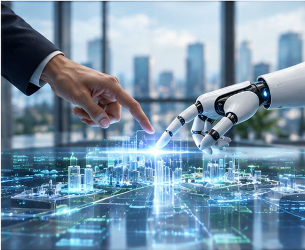 A human hand and a robotic hand meet above a digital city.
